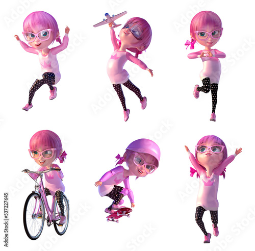 Cheerful kid girl jumping outstretched arms, two poses. Funny child cartoon  character of a kawaii child girl with glasses and pink anime hairs. Freedom  and happy childhood concept. 3D render Stock Illustration