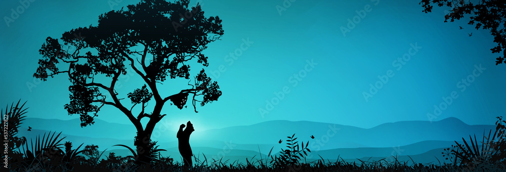 Fototapeta premium vector mountains forest woodland background with brown grizzly bear