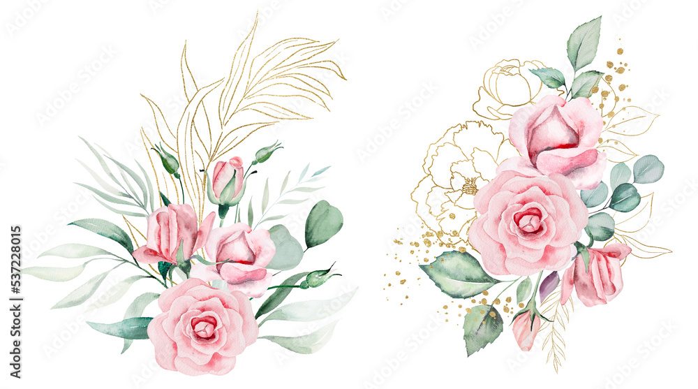 Bouquets made of pink watercolor flowers and green leaves, wedding and greeting illustration