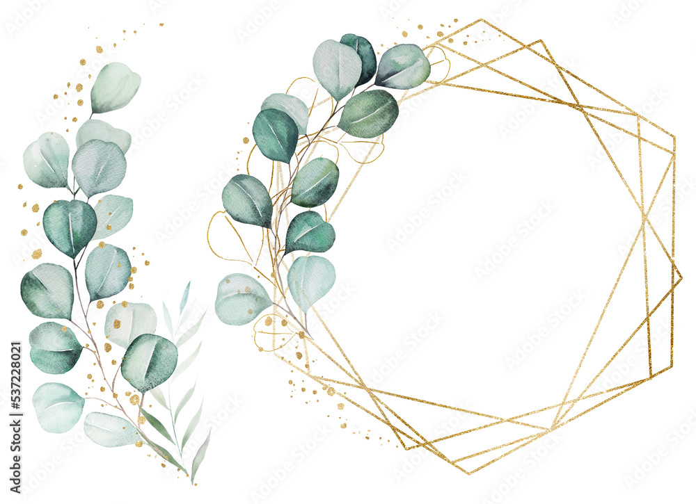 Geometric golden frame and bouquet made of green watercolor eucalyptus ...