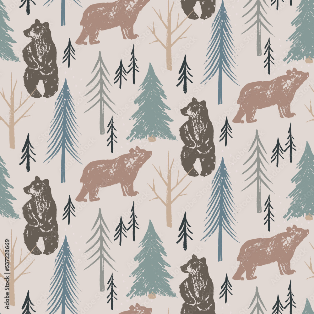 Vector Christmas seamless pattern with hand drawn winter forest trees, animals, abstract texture. Vector endless background of new year symbols