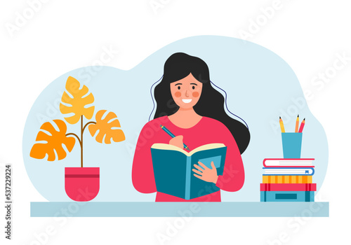 Young woman writing diary or journal on notebook in flat design. Writer concept vector illustration.