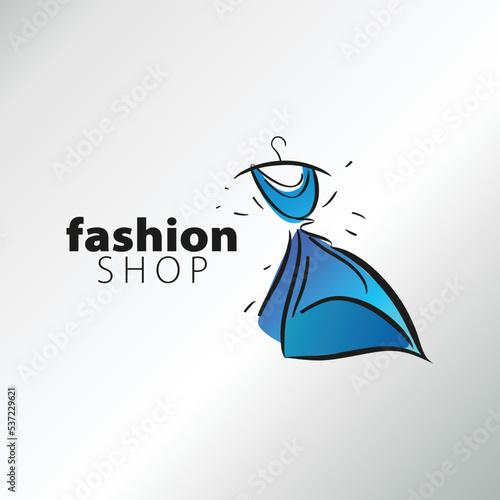 Hand-drawn concept logo for dress store isolated on white background. Template illustration for fashion designer shop.