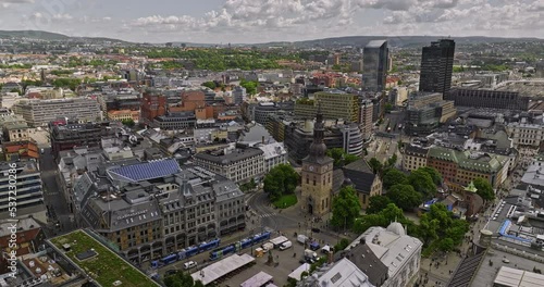 Oslo Norway v34 low level drone fly around cathedral church capturing bustling sentrum downtown cityscape, surrounded by historic buildings and waterfront view - Shot with Mavic 3 Cine - June 2022 photo