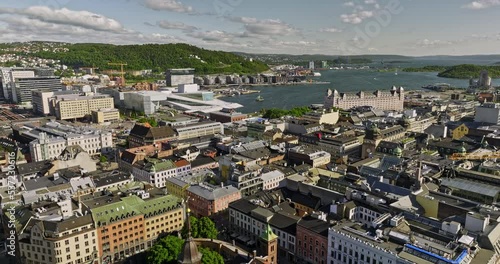 Oslo Norway v23 low level drone flyover sentrum downtown area towards revitalized port bjørvika waterfront neighborhood capturing iconic landmarks and attractions - Shot with Mavic 3 Cine - June 2022 photo