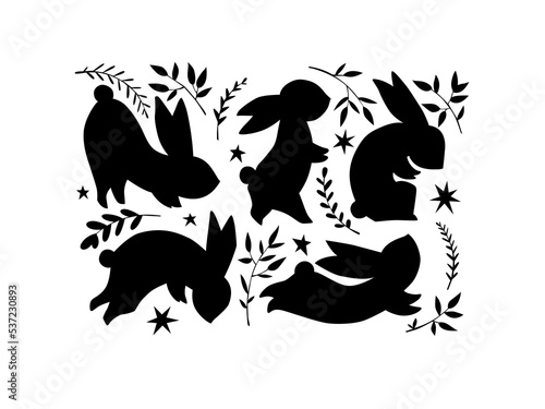 rabbit and flowers. black silhouette. doodle illustration for printing postcards, stickers, posters, prints. new year, christmas, easter