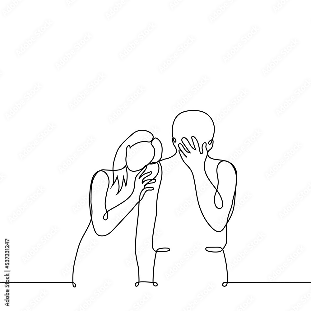 man crying and woman leaning against him comforting - one line drawing vector. concept mourn grief or misfortune, moral support of loved ones man crying and woman leaning against him comforting - one line drawing vector. concept mourn grief or misfortune, moral support of loved ones