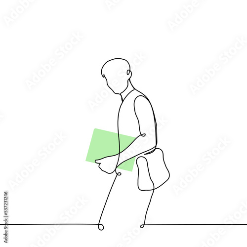 male college or university student walking with textbook in hands and bag on back - one line drawing vector. concept получать образование, adult enrolled in an educational institution