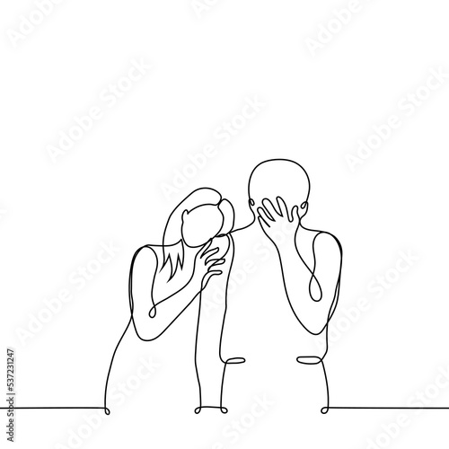 man crying and woman leaning against him comforting - one line drawing vector. concept mourn grief or misfortune, moral support of loved ones