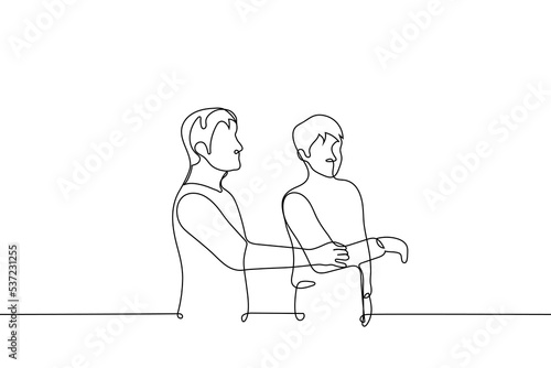 man pulls back the hand that another man is trying to grab - one line drawing vector. concept of rejection, ignoring, quarrel, resentment, anger, parting, breakup