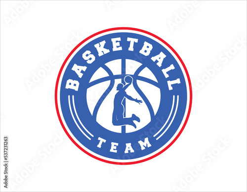 Basketball tournament logo. Silhouette of basketball player jump for the slam dunk isolated on white background, sports logo.