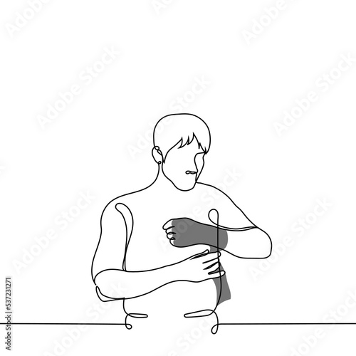 man winding a boxing bandage around his arm - one line drawing vector. concept athlete, training