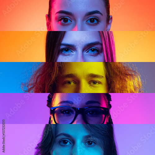 Confidence. Collage of close-up male and female eyes isolated on colored neon backgorund. Multicolored stripes. Concept of equality, vision, emotions