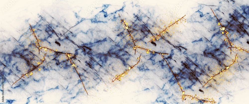 Abstract blue marble texture on the black background with gold veins ...