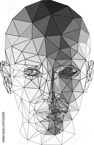 Female head polygonal 3D design. Line- art made by triangular lines.  Low poly design with halftone tonal transitions.