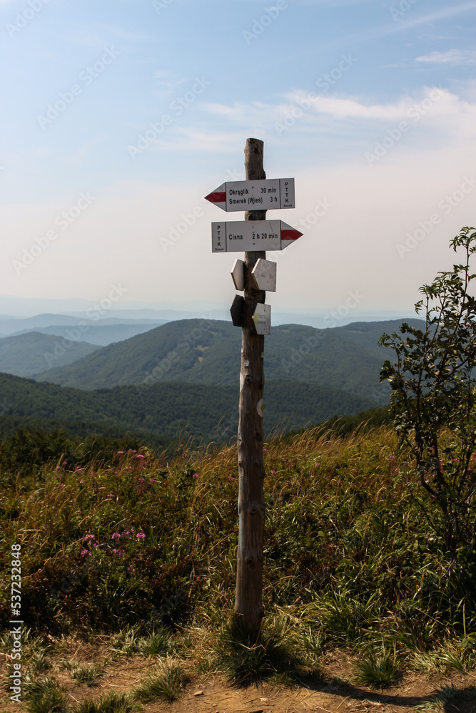 Signpost on the trail in the Bieszczady Mountains Signpost on the trail in the Bieszczady Mountains