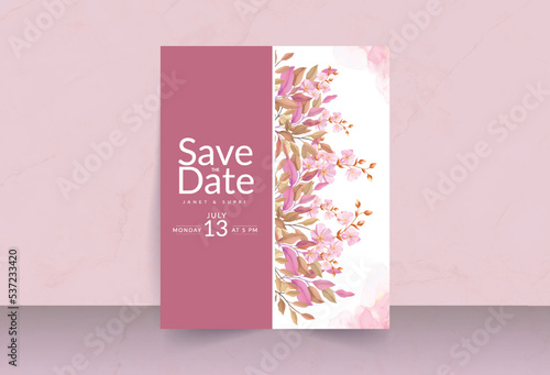 Deep pink flower bouquet with smokey watercolor effect and solid background save the date card