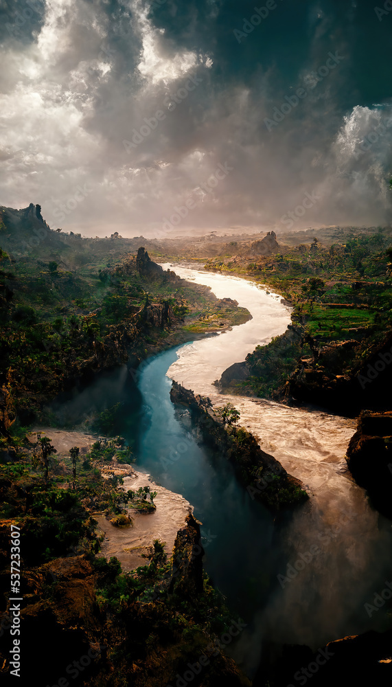 AI generated image of a beautiful river flowing through a picturesque landscape and ending in a grand waterfall 
