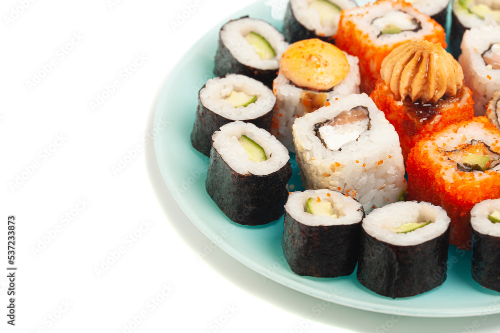 Sushi rolls japanese food on a plate isolated on white background. Sushi rolls japanese food on a plate isolated on white background.