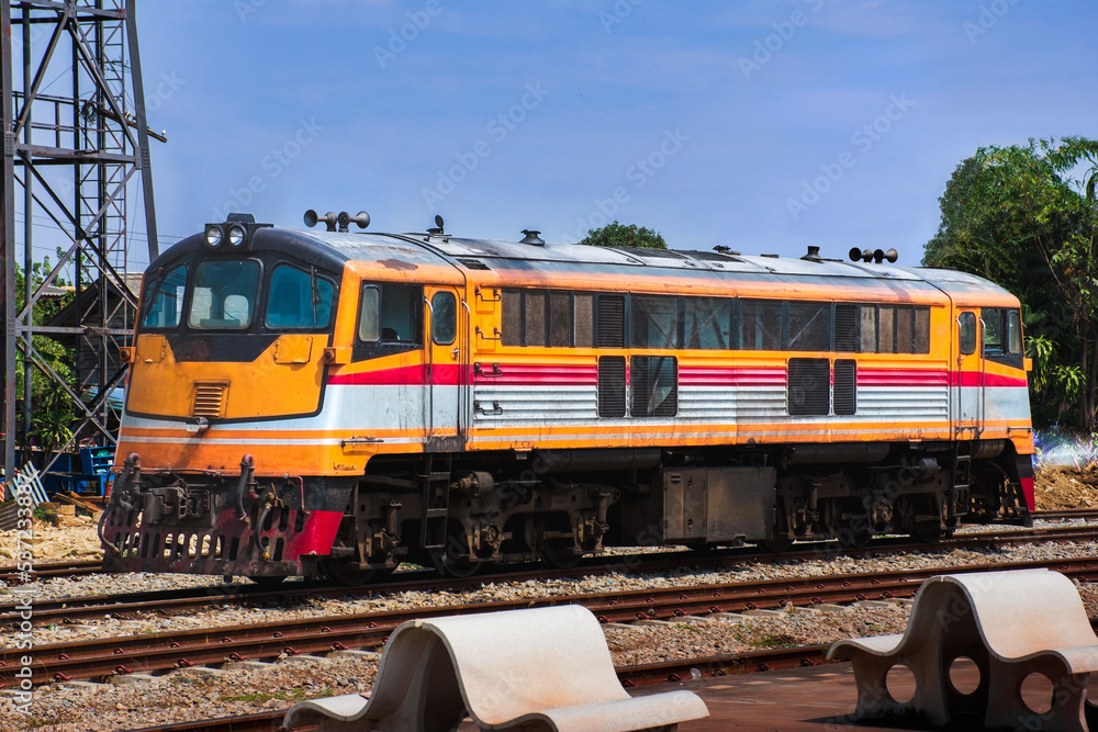 Fototapeta premium Diesel locomotive at the railway station (Public building).