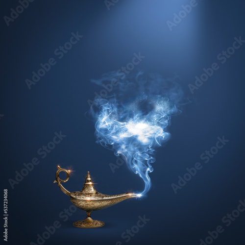 Stampa su tela Golden magic lamp on blue background