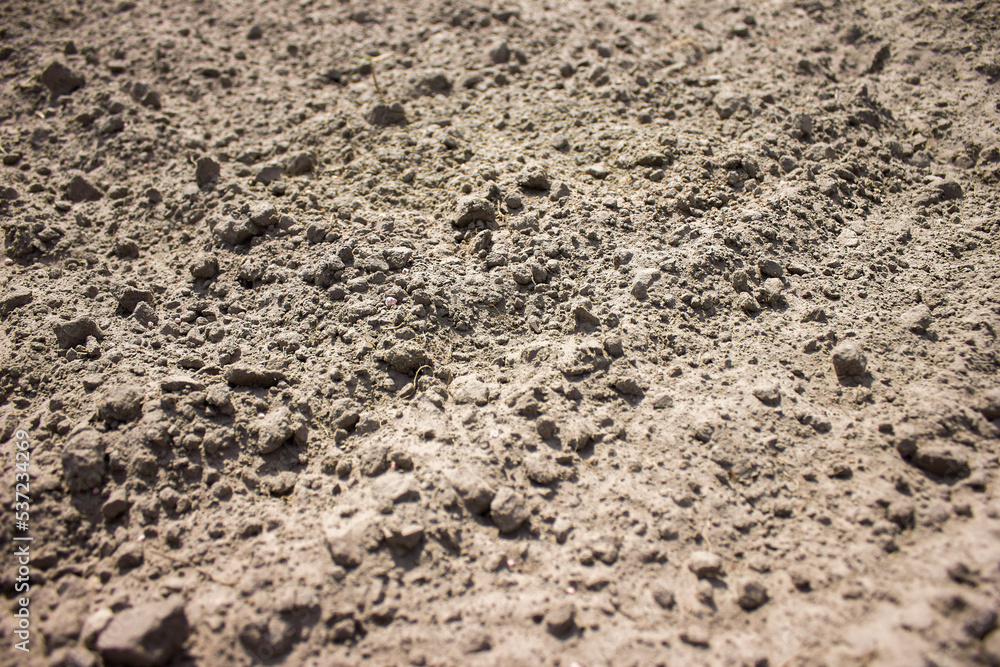 closeup grey-brown soil and sand with texture against blurred background