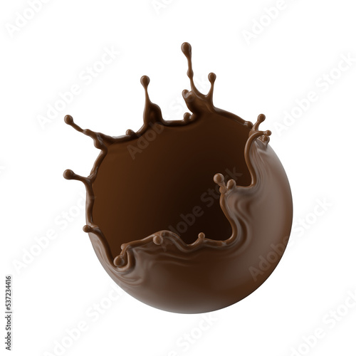 3d render, spherical shape liquid chocolate splash, cacao or coffee drink, splashing syrup, cooking ingredient. Abstract brown liquid clip art isolated on white background