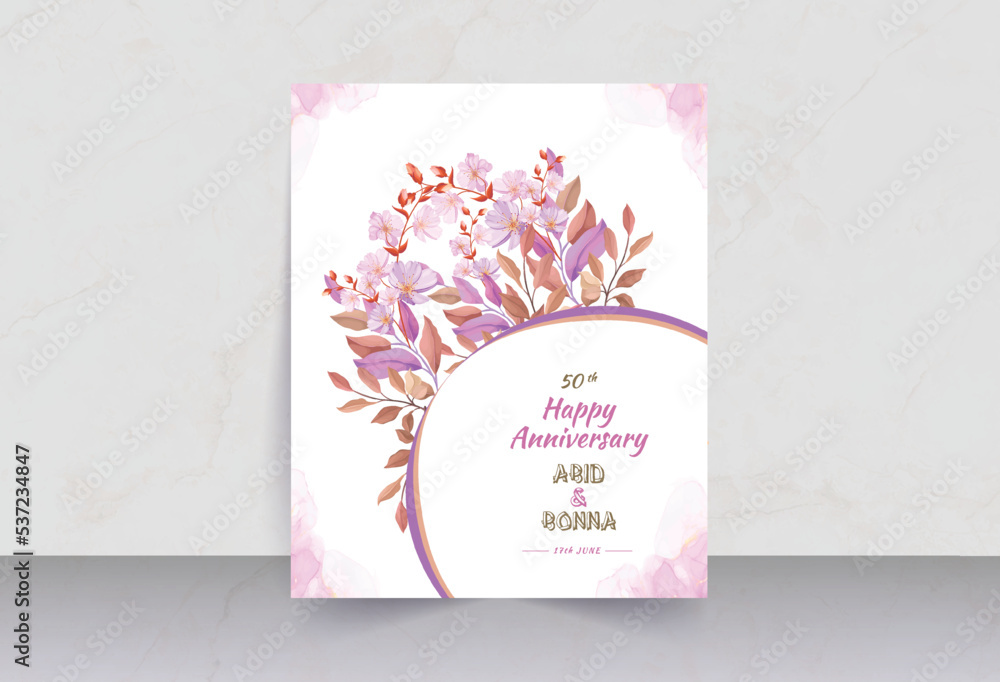 Pink cosmos and deep green leaves anniversary card with corner round frame