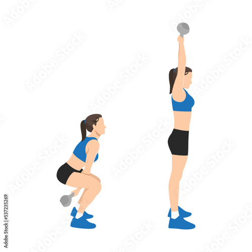 Woman doing two arm Kettlebell swing exercise. Flat vector illustration isolated on white background