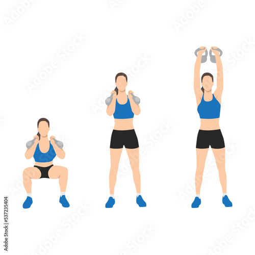 Woman doing kettlebell thruster or squat to clean to overhead press exercise. Flat vector illustration isolated on white background