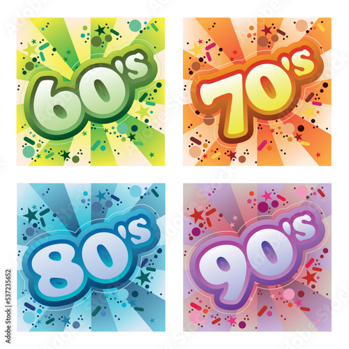 Colorful labels from retro music eras