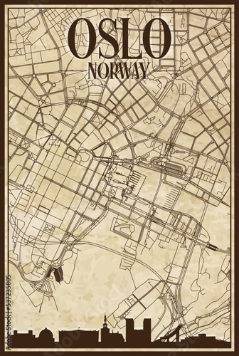 Brown vintage hand-drawn printout streets network map of the downtown OSLO, NORWAY with brown 3D city skyline and lettering