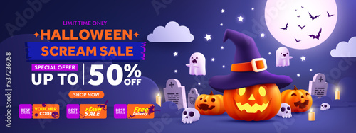 Halloween Sale Promotion Poster or banner template.Halloween night seen with big Moon, Pumpkin ghost,Wizard Hat,cute ghost,cartoon skull and halloween elements. Website spooky or banner template