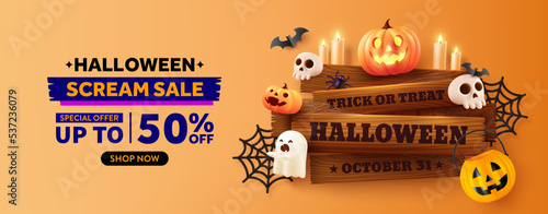 Halloween Sale Promotion Poster template with Old wooden board, Halloween pumpkins,cute ghost,skull and Halloween bucket.Website spooky or banner template.Vector illustration eps 10