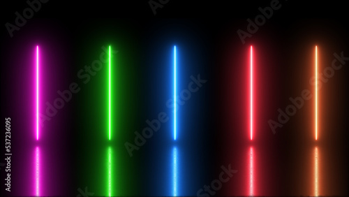 Blue, green, red and purple, orange neon lights and reflections