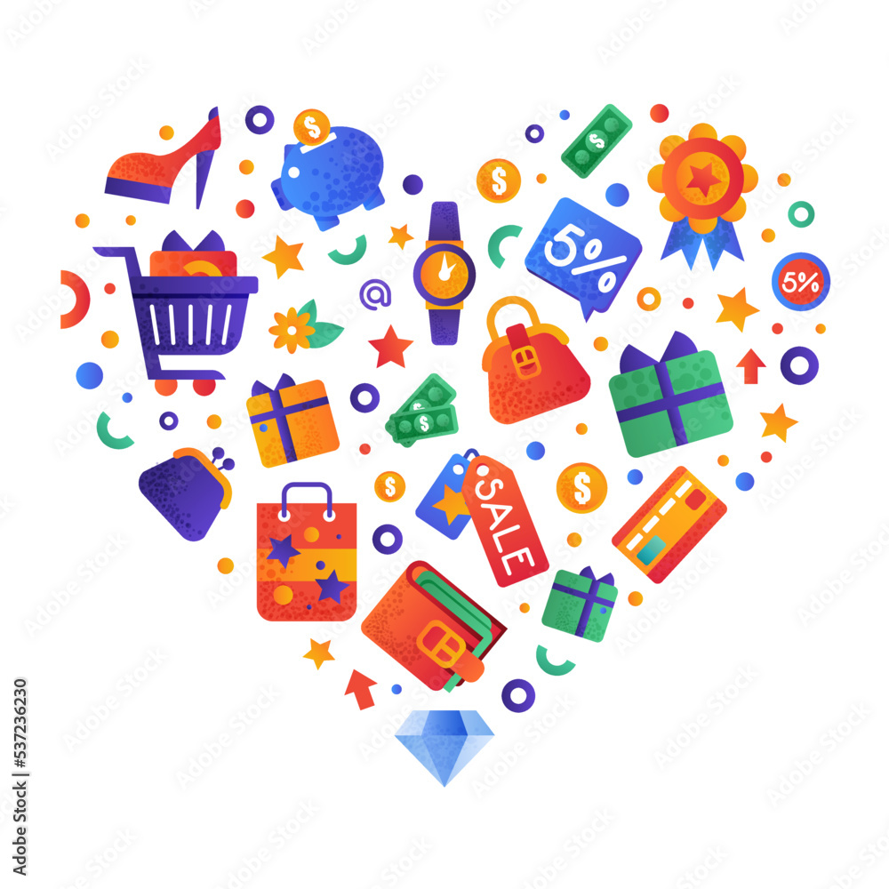 Sale and Shopping Heart Shape Arrangement with Flat and Colorful Icon Vector Template Sale and Shopping Heart Shape Arrangement with Flat and Colorful Icon Vector Template
