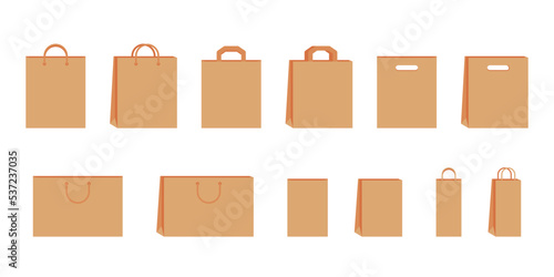 Paper bag with handle template of shopping set. Brown craft paper pack for gift, food, item. Shop, supermarket packets, retail packaging. Take Away, delivery in eco bag. Mockups front view. Vector