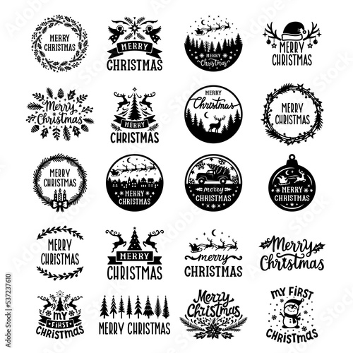 Merry Christmas quotes vector set. For a postcard, banner, window, wall decor, paper cutting, laser cut, printing on T-shirts, pillows. Holidays text. Isolated on white background.