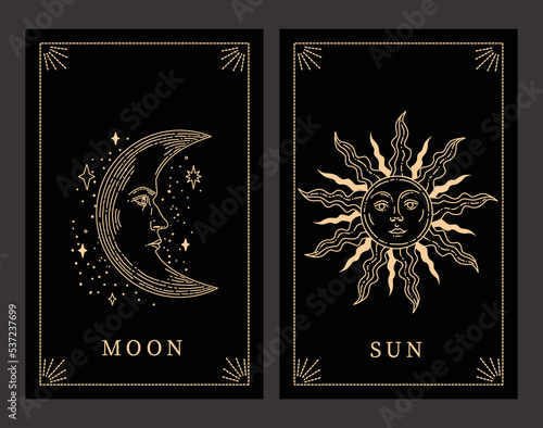 Tarot cards. Vector illustration of the moon and the sun. Hand drawn celestial illustrations.
Design elements for decoration in modern style. magical drawings. linear drawing.