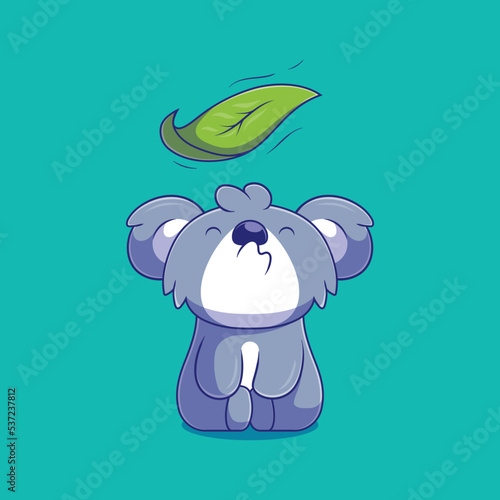 cute koala illustration blowing a leaf suitable for mascot sticker and t-shirt design