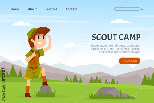 Landing Page with Boy Scout Cartoon Character in Khaki Costume Looking Ahead Vector Illustration