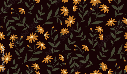 Seamless pattern, pretty floral print with wild plants. Cute botanical design with folk motifs, abstract arrangement with chamomile flowers, twigs, leaves on a brown background. Vector illustration.