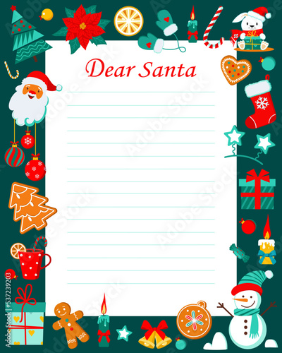 Letter to Santa Claus  template with Christmas characters. Christmas wish list. Dear Santa printable template for kids. Vector illustration