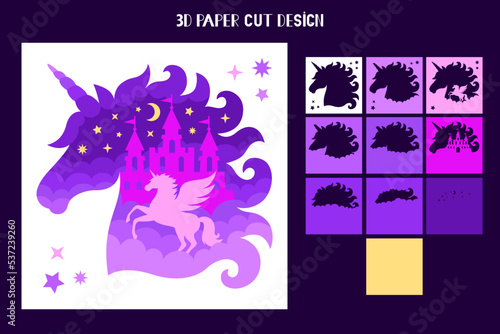 3D Unicorn shadow box. Vector layered tunnel card. Magic animal with castle, stars and moon. Template for paper cutting. Unicorn light box. 10 layers.