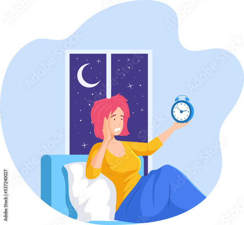 Young woman suffering from sleep disorder and insomnia. Tired sad sleepless girl sitting in bed her with alarm clock, touching her temple suffering from headache and trying to fall asleep flat vector