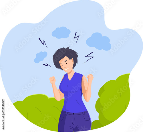 Furious angry woman with lightnings over her head. Stressed girl in rage expressing negative emotions on nature. Mental health problems, anger, stress and bad mood flat vector