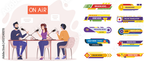 Radio hosts speaking into microphones broadcasting on air. Breaking news, online translation title templates for TV channel screen. Sport, daily, weekly, live news headline logo flat vector