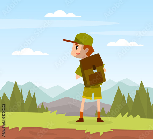 Boy Scout Cartoon Character in Khaki Costume Walking with Backpack Vector Illustration