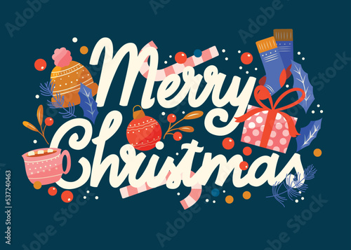 Merry Christmas and New Year hand lettering card on dark blue background with holiday icons and stars. Colorful festive vector illustration