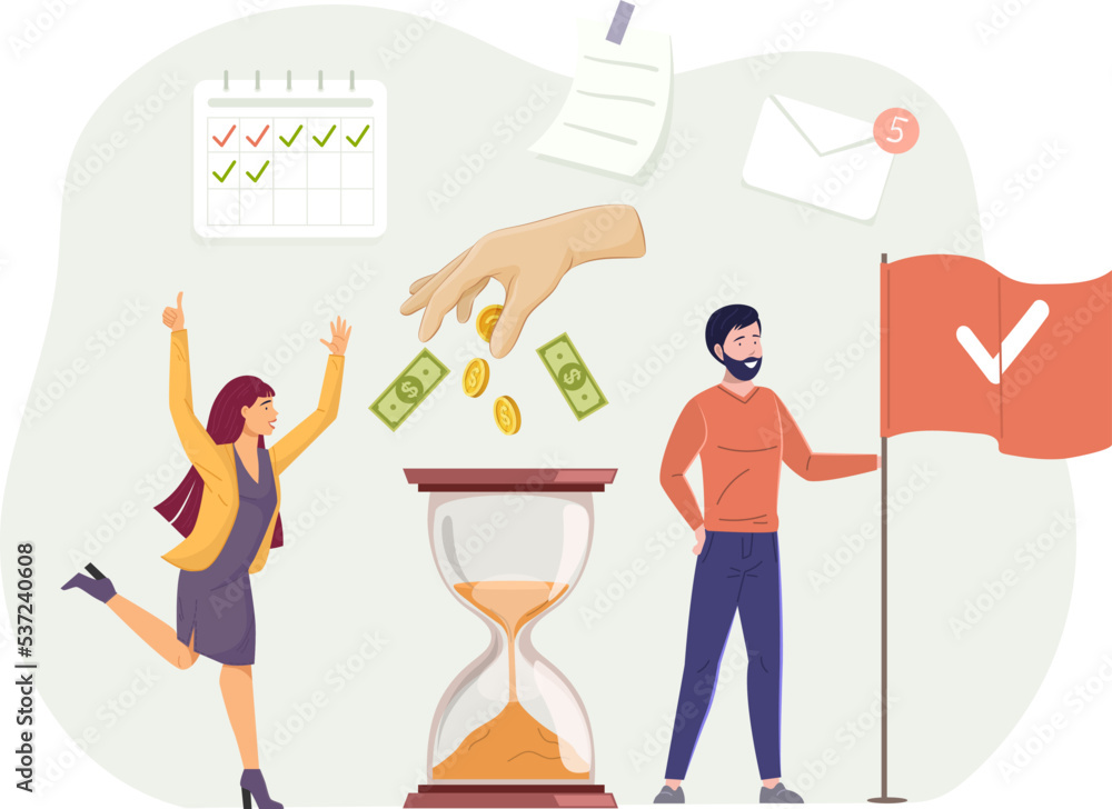 Fototapeta premium Business people, office workers earning money for completed tasks. Hourglass into which money falling. Successful people achieving goals. Time management and deadline concept cartoon vector
